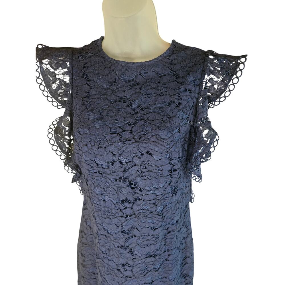 Vince Camuto Navy Blue Lace Dress Sz 4 Ruffled Sleeveless Zip Up Body Con - Picture 3 of 9